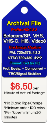 Betacam/SP, VHS, VHS-C, Hi8, Video8 capture Apple ProRes HQ
