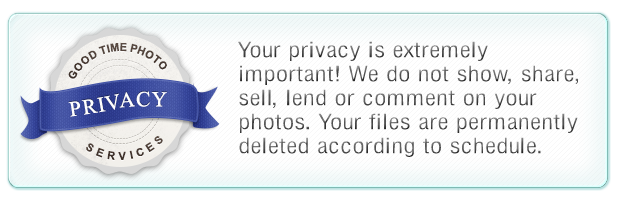Your privacy is extremely important! We do not show, share, sell, lend or comment on your photos. Your files are permanently deleted according to schedule.